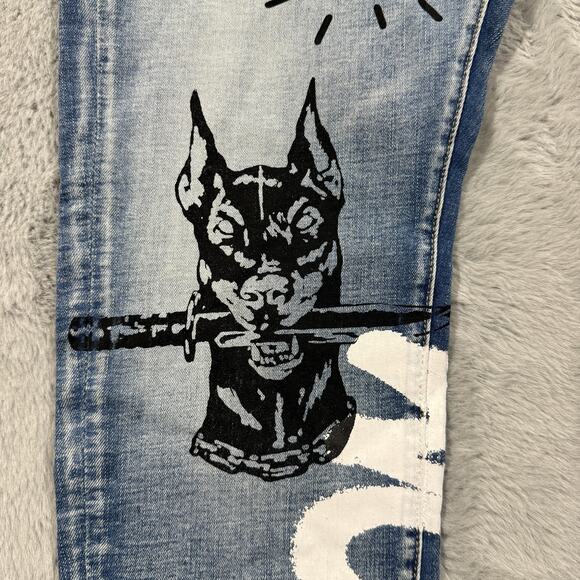 Crysp Denim Jeans Mens 42 Graffiti Art Graphic Distressed Pants Written Indigo 4 - Picture 7 of 16
